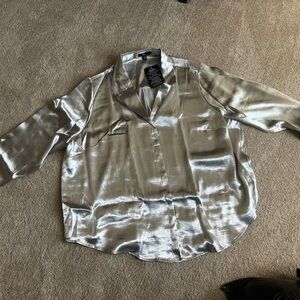 ellos Shiny Silver Satin Button-Front Blouse